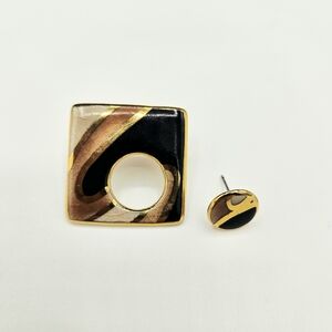 90s Vintage Unique Asymmetrical Clay Earrings in Black Tan Metallic Gold